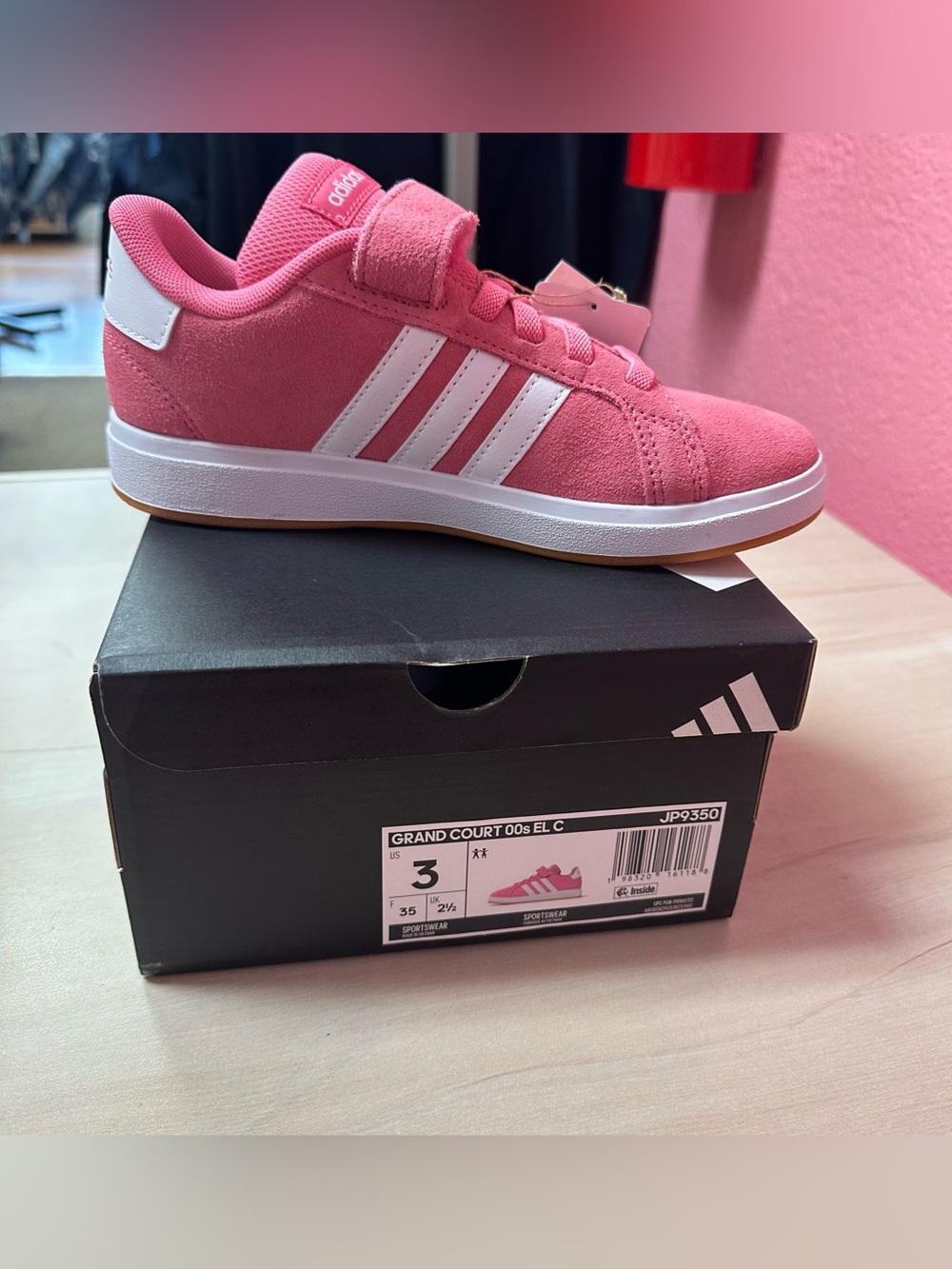 adidas Kids Grand Court Sneaker — Pink with White Stripes
